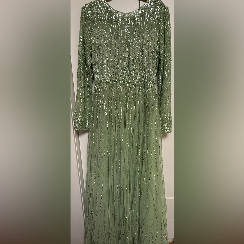 NWT| 5636 Sage Green Illusion High Neck Long Sleeve Embellished Gown Size 10 - Picture 5 of 15